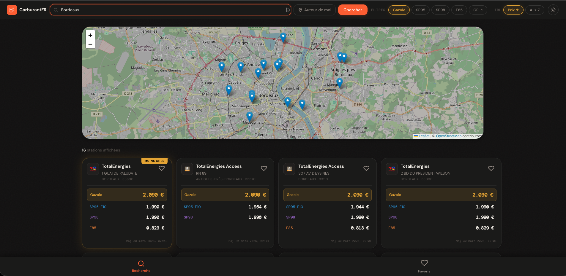 Interface de l'application CarburantFR